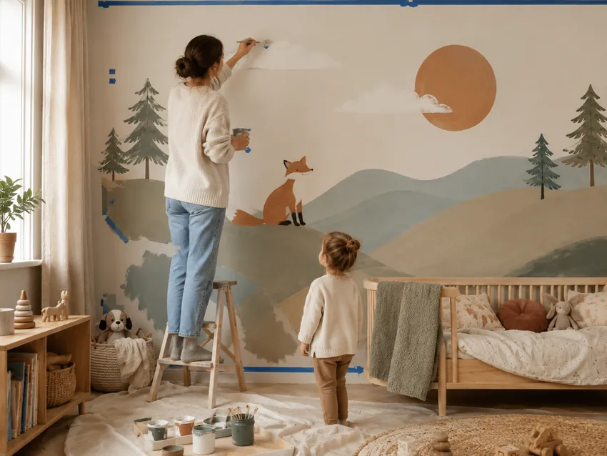 Close-up of the finished fox and hills mural with soft paint texture