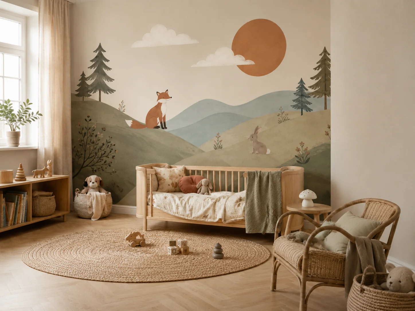 Finished Forest Friends mural in a styled children’s bedroom